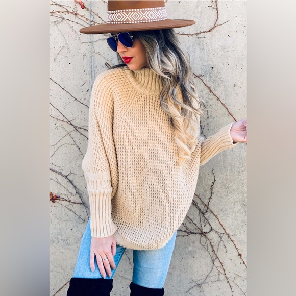Dolman Sleeve Turtleneck Knitted Poncho Top | One Size | Oatmeal - Picture 1 of 7